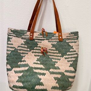 Green and Cream Woven Tote Bag